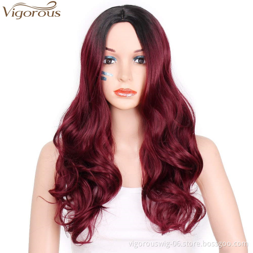 Vigorous Fiber for Women Long Curly Ombre Black to Red Wavy Synthetic Party Middle Part Cosplay Full Wigs